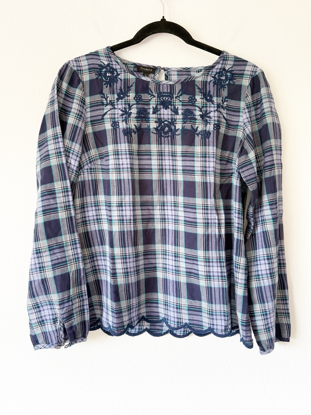 Talbots Navy Plaid Embroidered Long-Sleeve Top